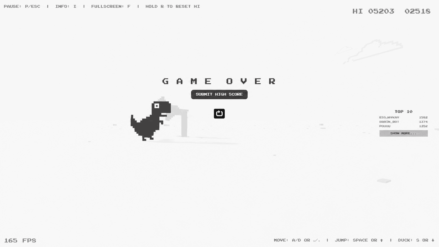 Dino 3D game-over screen