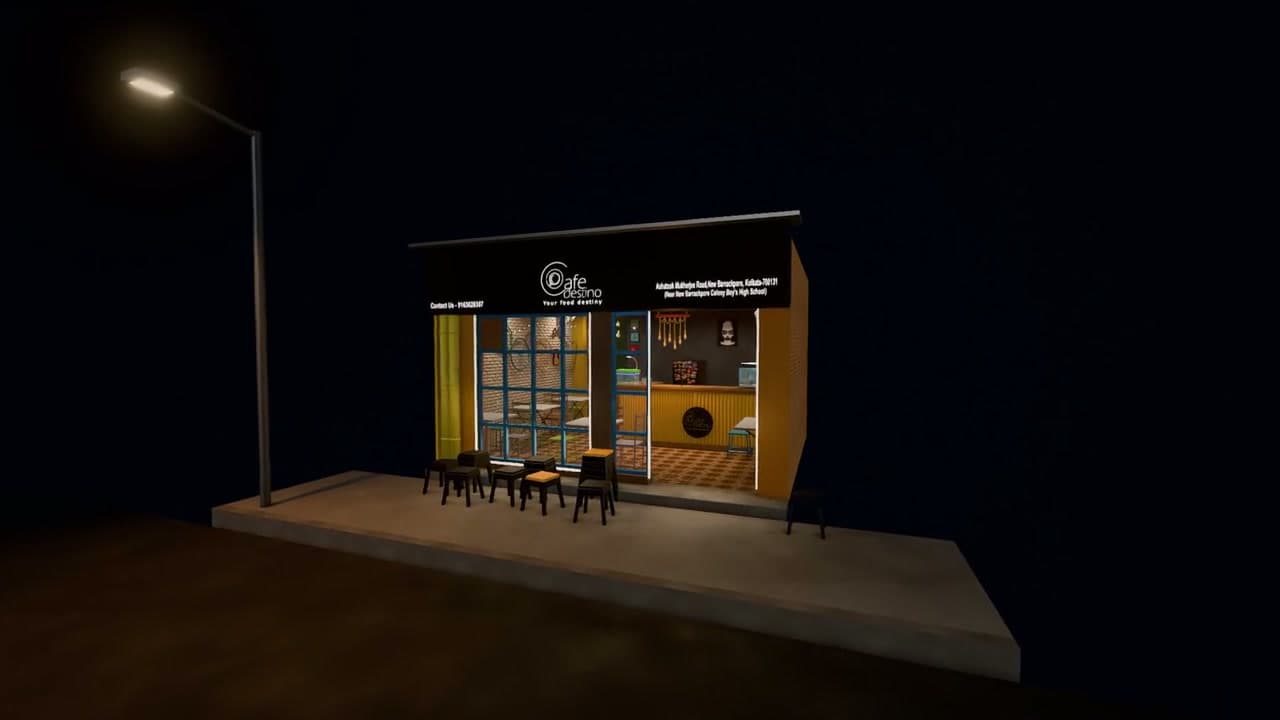 Café Destino's street-facing storefront at night