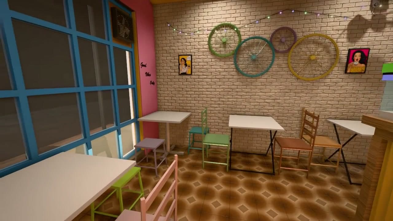 Café Destino's window-side seating, brick wall, and bicycle decorations