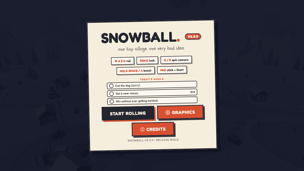Snowball main menu over a winter village