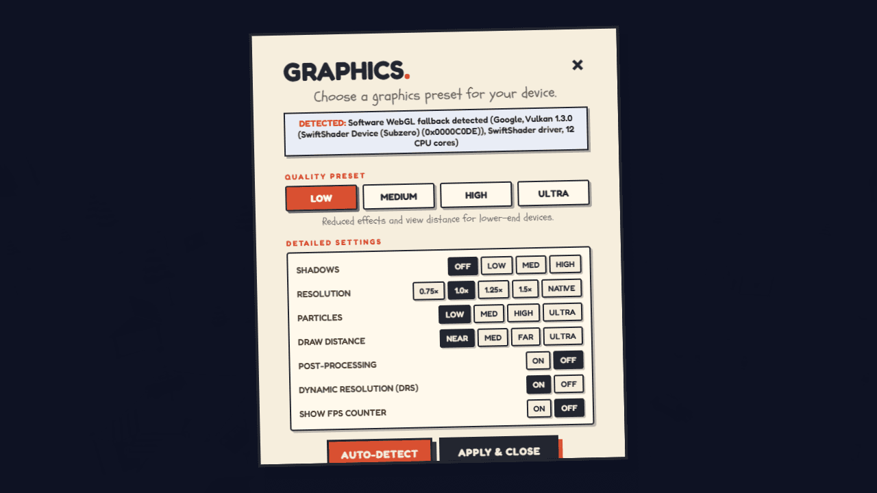 Snowball graphics settings with quality, resolution, and post-processing controls