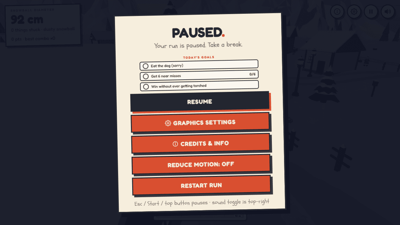 Snowball pause panel with daily goals and run controls