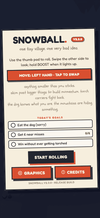 Snowball mobile menu with touch instructions and daily goals