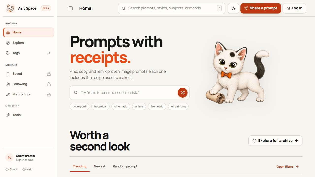 Vizly Space home feed with prompt search, topic tags, and featured image prompts