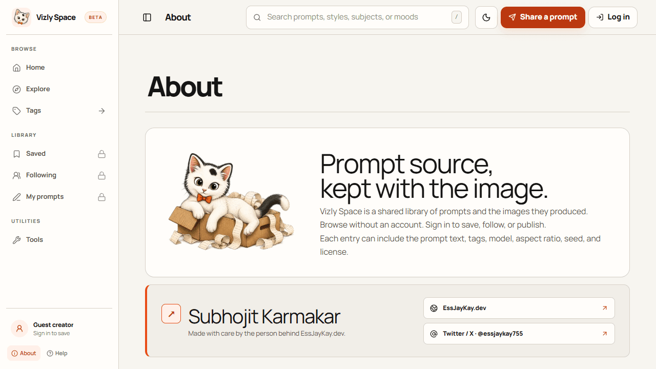 Vizly Space About page describing the prompt and image library
