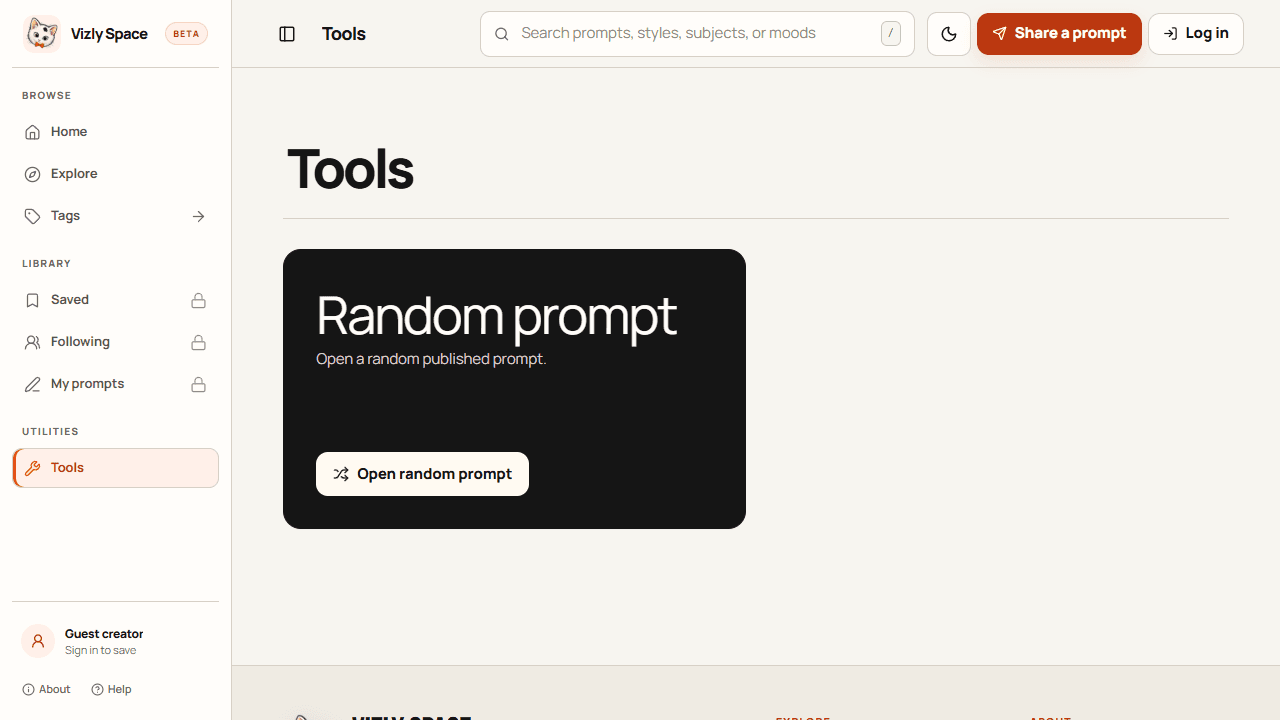 Vizly Space Tools view with a random prompt action